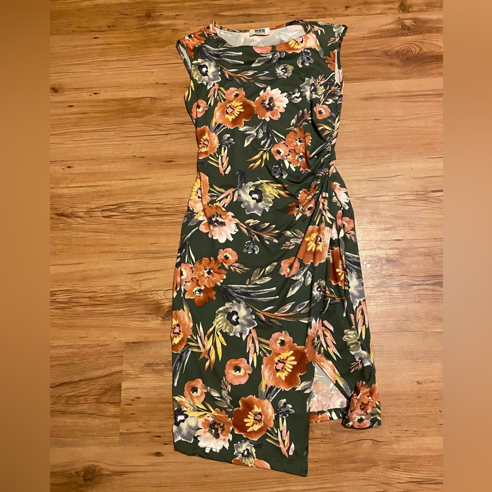 Floral Elegance Midi Dress - Green Pink, Gold and Rust